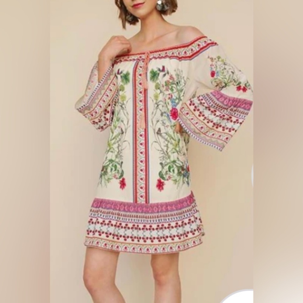 Umgee Border Bell Sleeve Dress -Natural Size Small Off Shoulder Shift Mini Dress